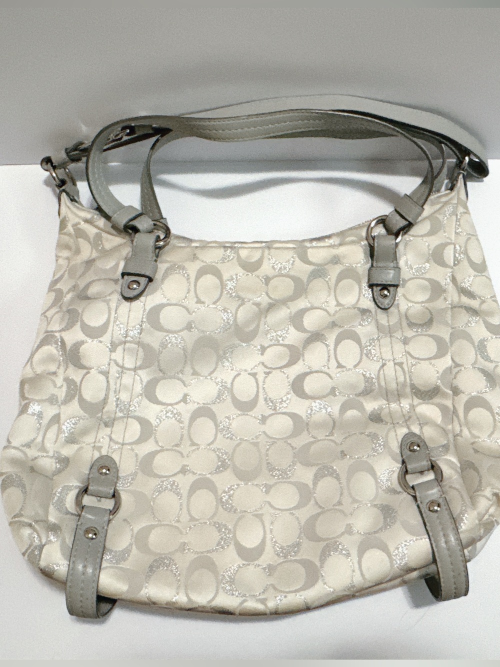 Coach Cream Signature Canvas Shoulder Bag with Light Gray Accents